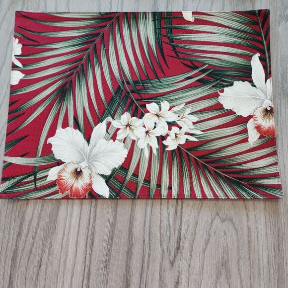 Hawaiian Upholstery Barkcloth Placemats Burgundy Ferns Orchids Plumeria & Napkin - Picture 5 of 8